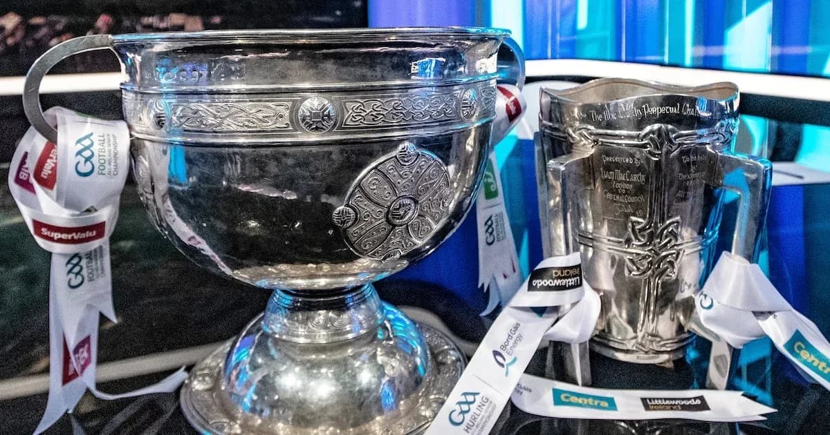 GAA trophies displayed on a table GAA trophies displayed on a table