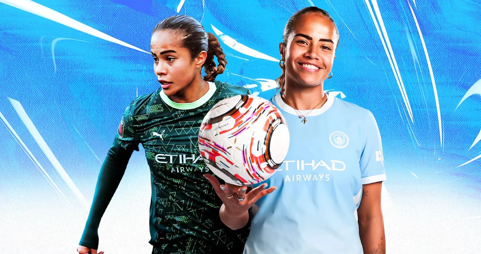 Two female soccer players in team jerseys posing Two female soccer players in team jerseys posing