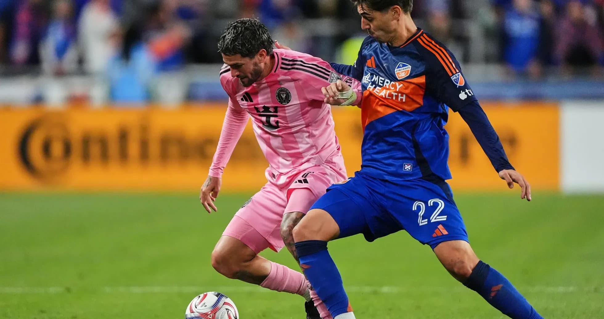 Players competing for the ball in MLS Next Pro match Players competing for the ball in MLS Next Pro match
