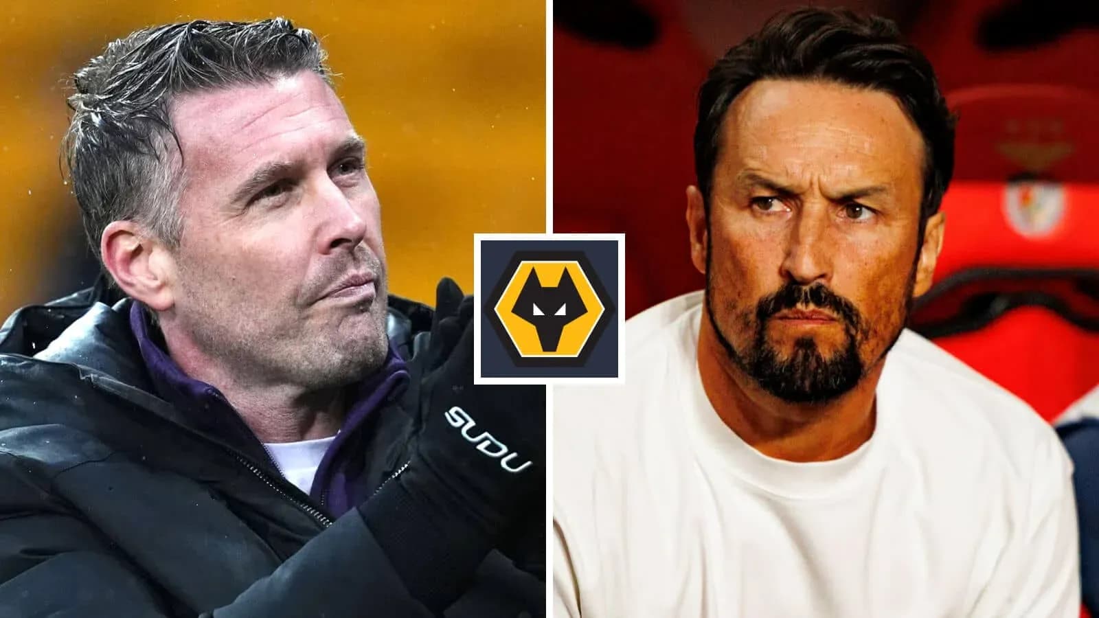 Two football managers during match, Wolves logo in center Two football managers during match, Wolves logo in center