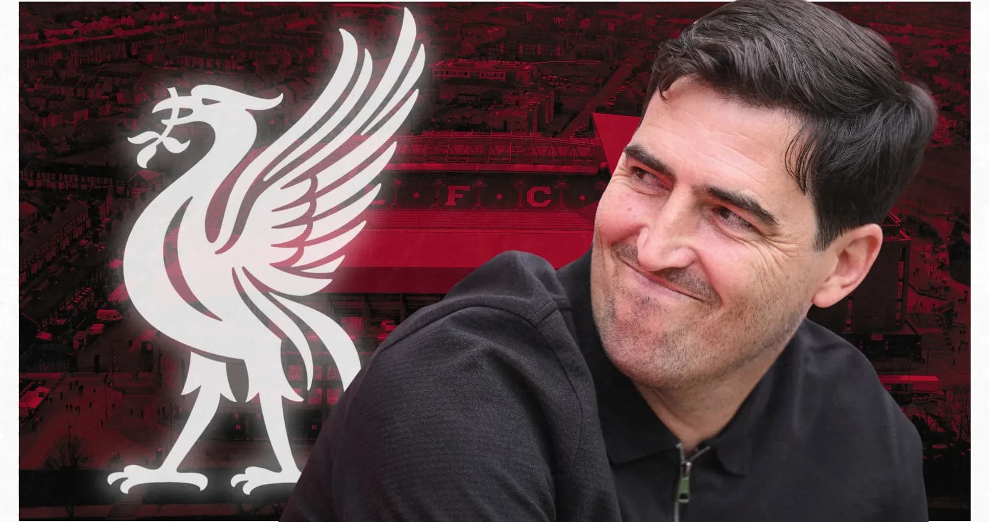 Man smiling with Liverpool FC logo in background Man smiling with Liverpool FC logo in background