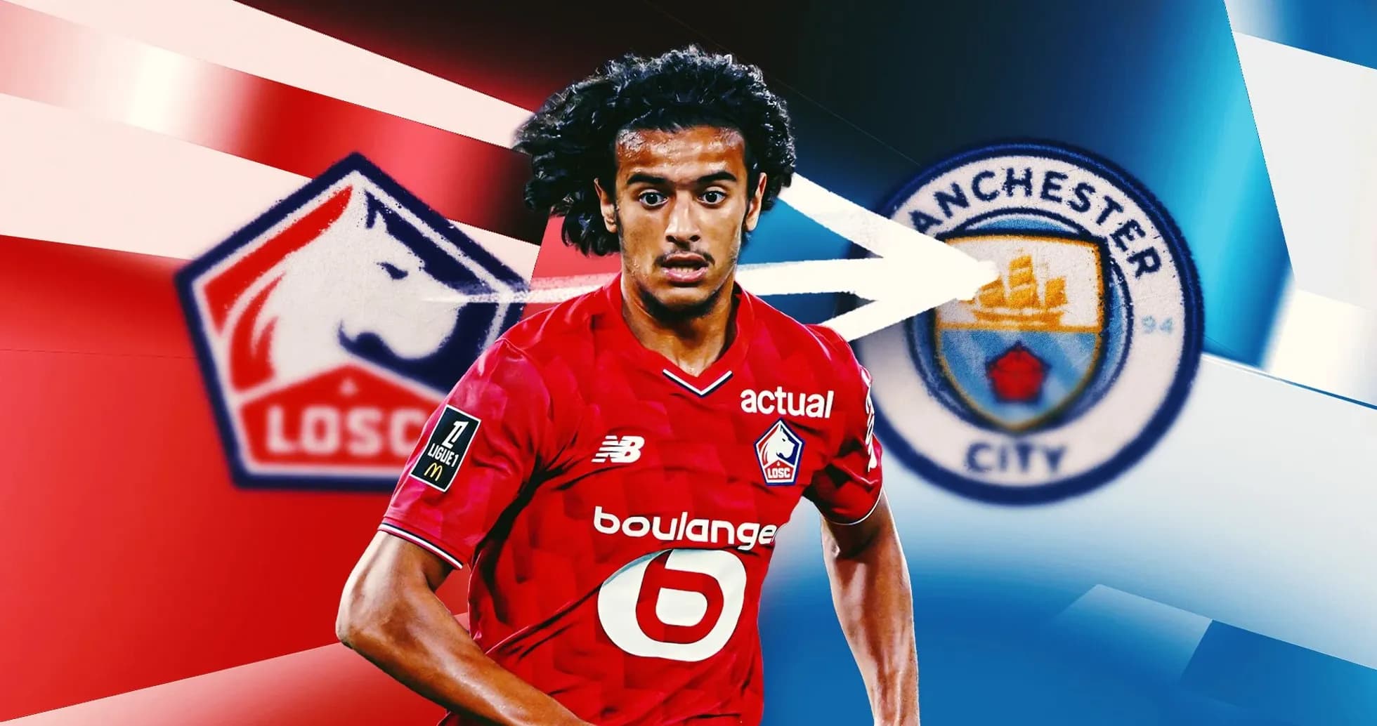 Player in LOSC kit with Manchester City logo background Player in LOSC kit with Manchester City logo background