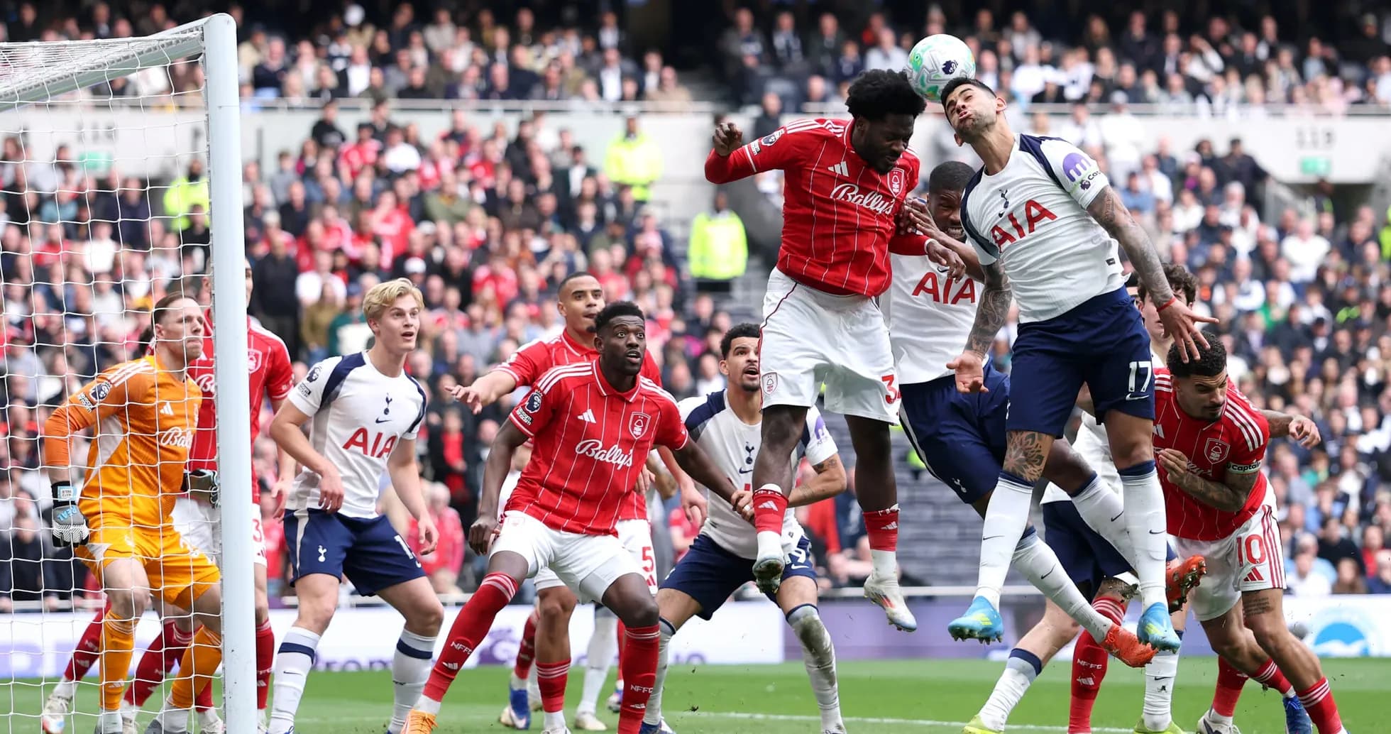 Players contesting a header during match action Players contesting a header during match action