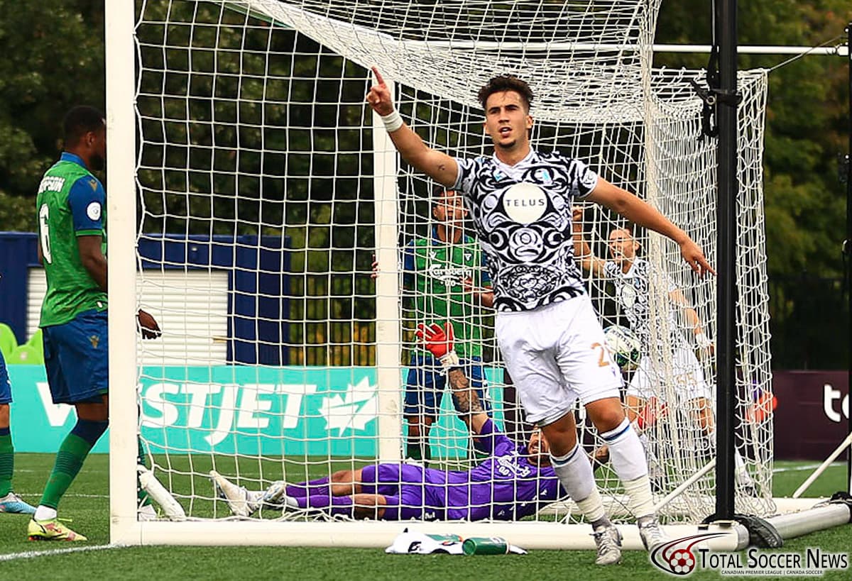 Player celebrating goal during Pacific FC match Player celebrating goal during Pacific FC match