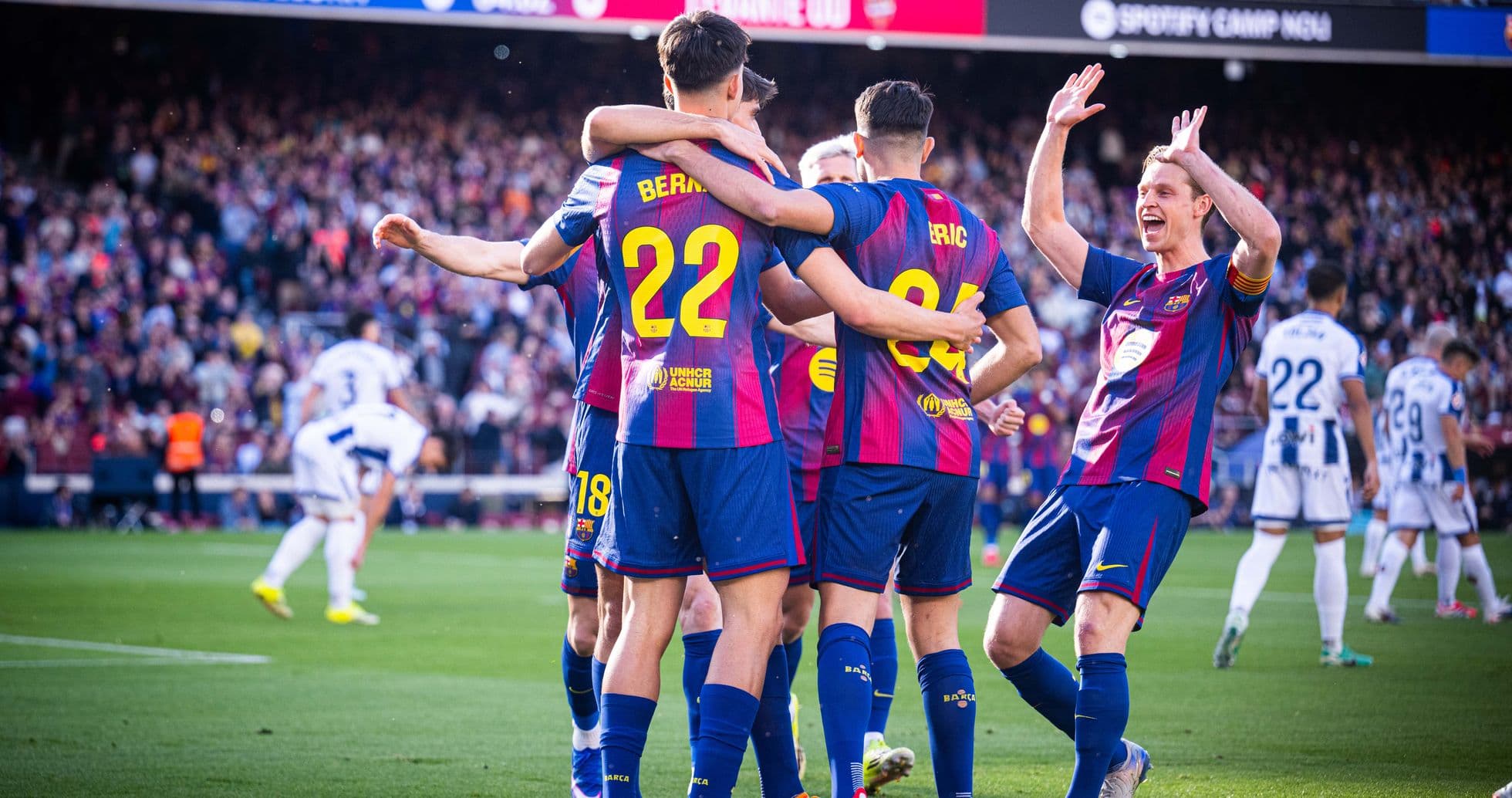 Barcelona players celebrating a goal during match Barcelona players celebrating a goal during match