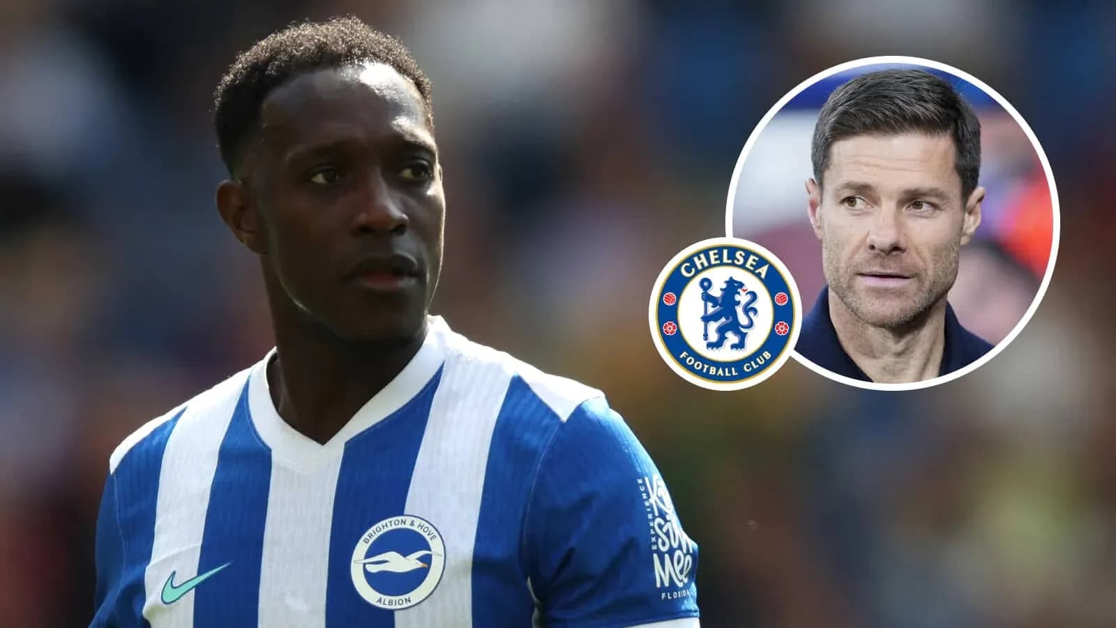 Brighton player in action with Chelsea logo background Brighton player in action with Chelsea logo background