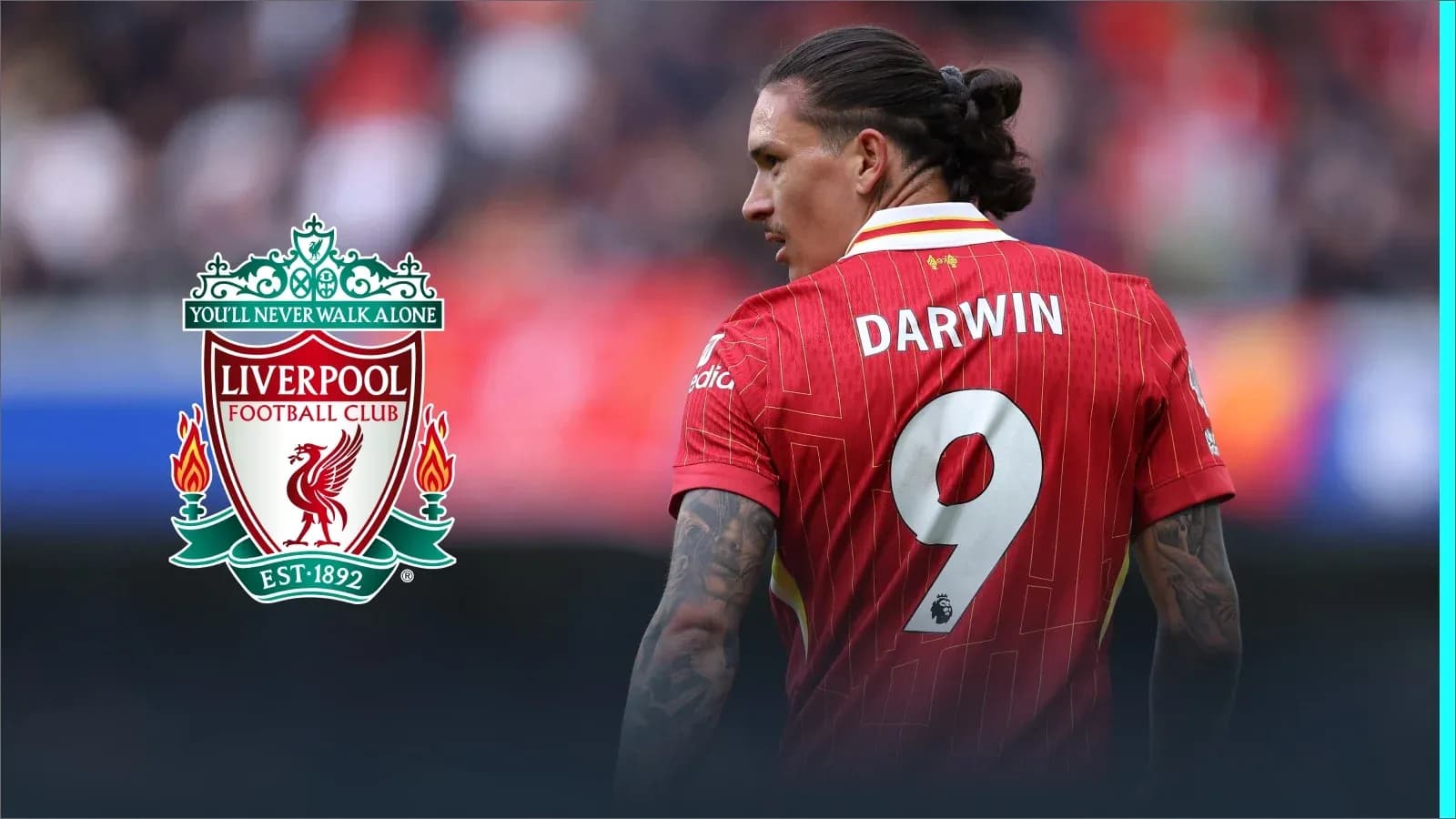 Darwin wearing Liverpool jersey during match Darwin wearing Liverpool jersey during match