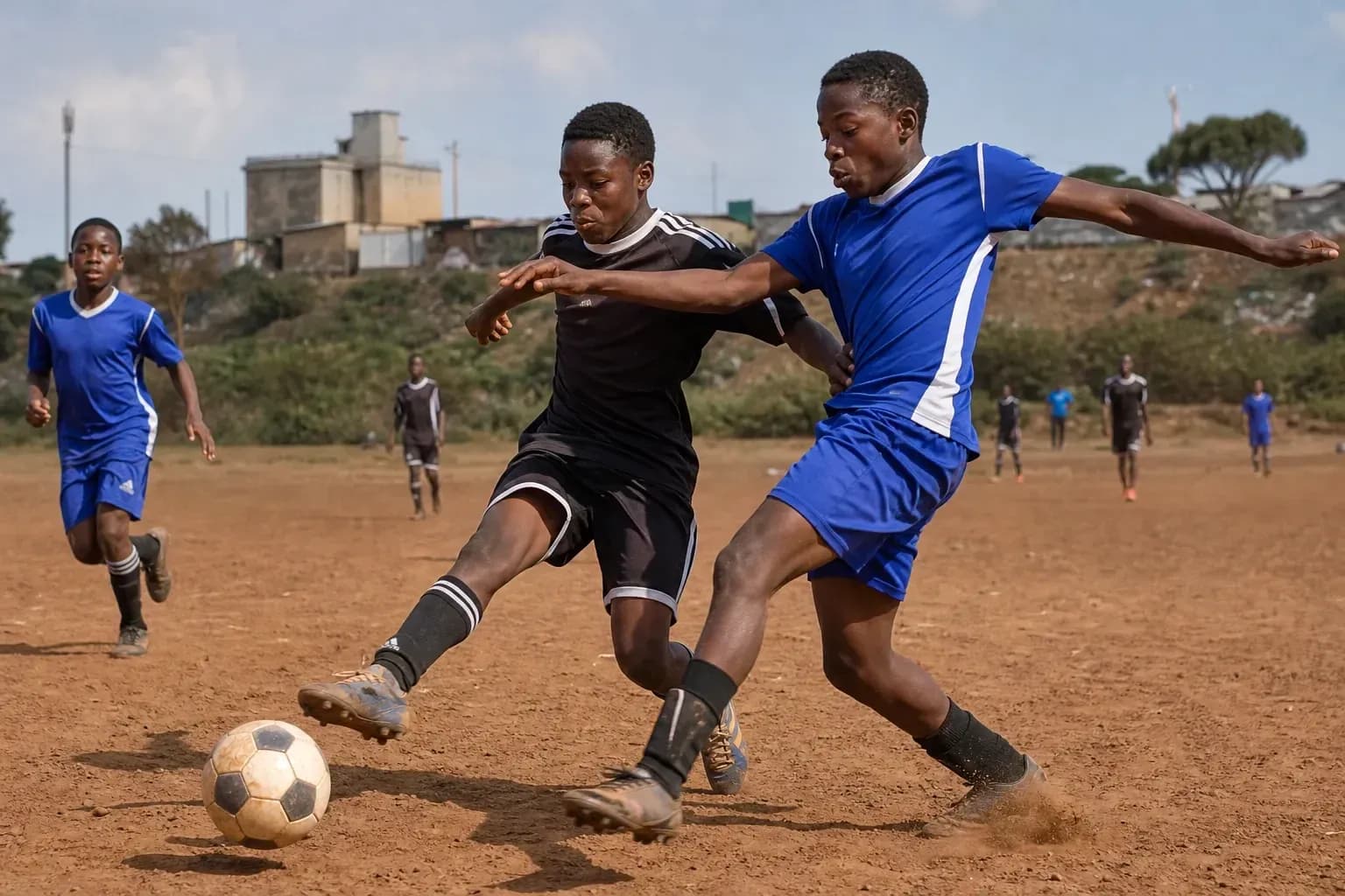 Two players contesting for the ball on field Two players contesting for the ball on field