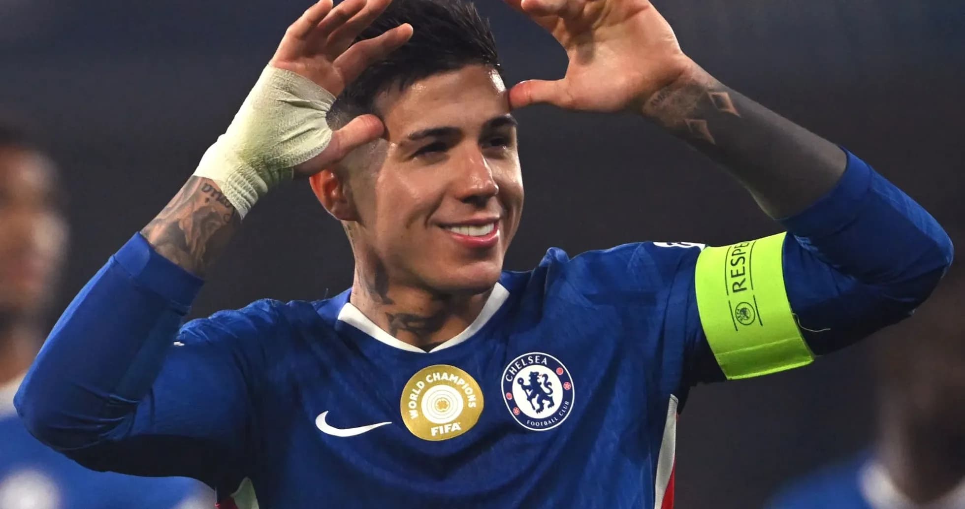Player celebrating in Chelsea kit with captain's armband Player celebrating in Chelsea kit with captain's armband
