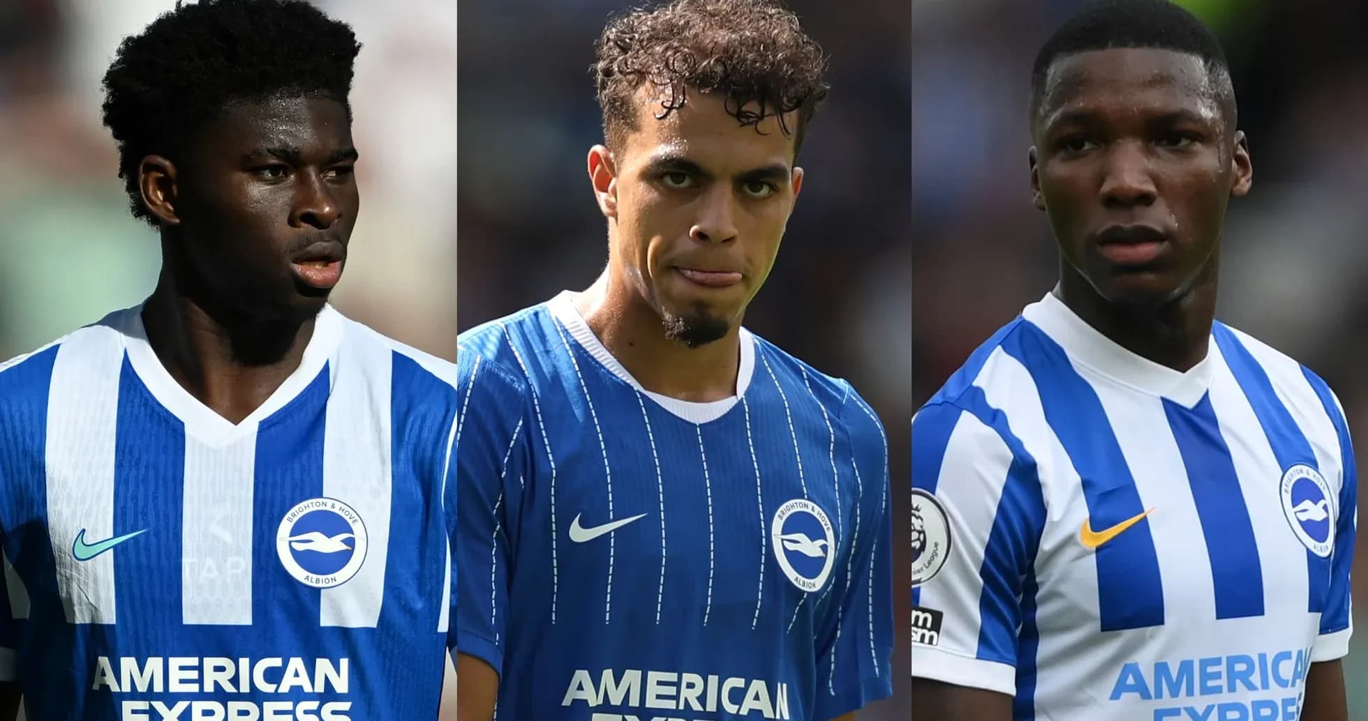 Three Brighton players in blue and white jerseys Three Brighton players in blue and white jerseys