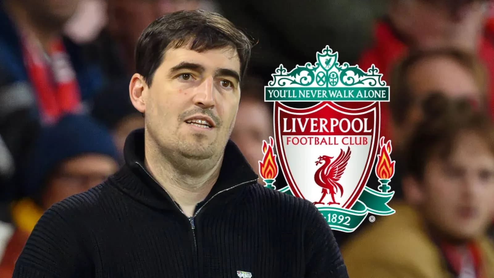 Man in black sweater with Liverpool logo background Man in black sweater with Liverpool logo background
