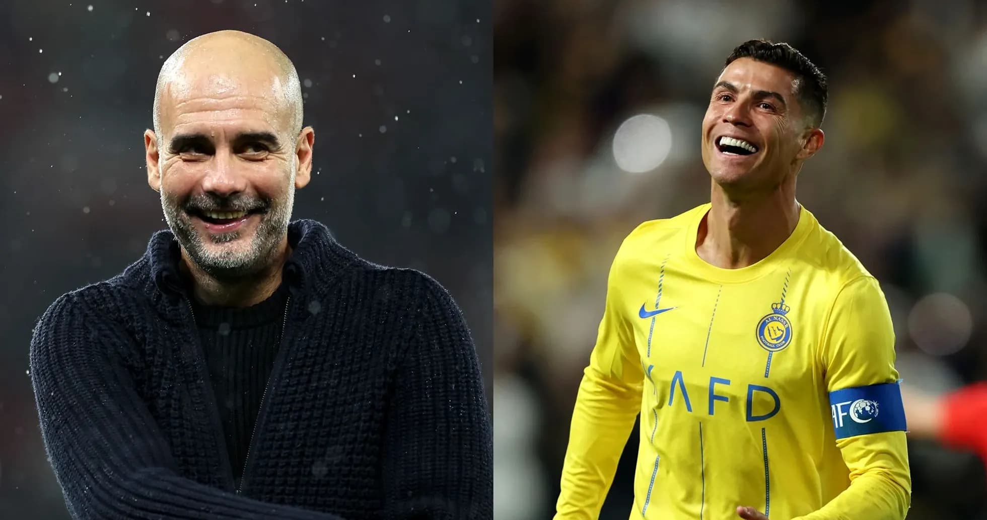 Pep Guardiola and Cristiano Ronaldo smiling during match Pep Guardiola and Cristiano Ronaldo smiling during match