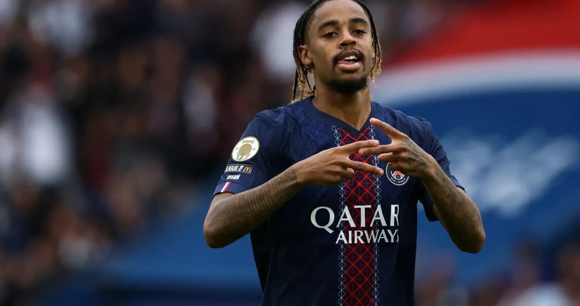 Player gesturing during a match for Paris Saint-Germain Player gesturing during a match for Paris Saint-Germain
