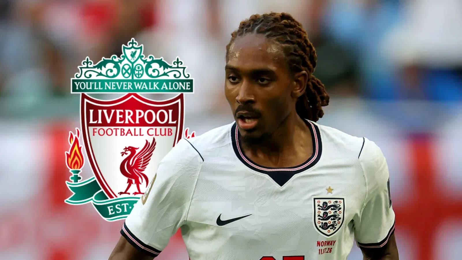 Player in England kit running with Liverpool logo background Player in England kit running with Liverpool logo background