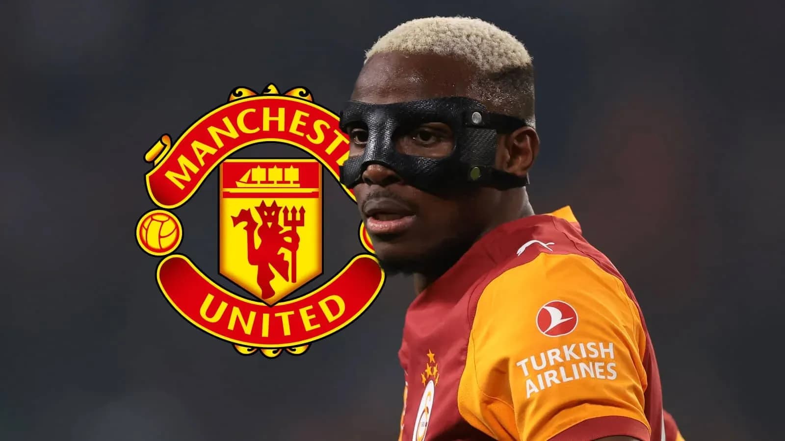 Player wearing mask, with Manchester United logo behind Player wearing mask, with Manchester United logo behind