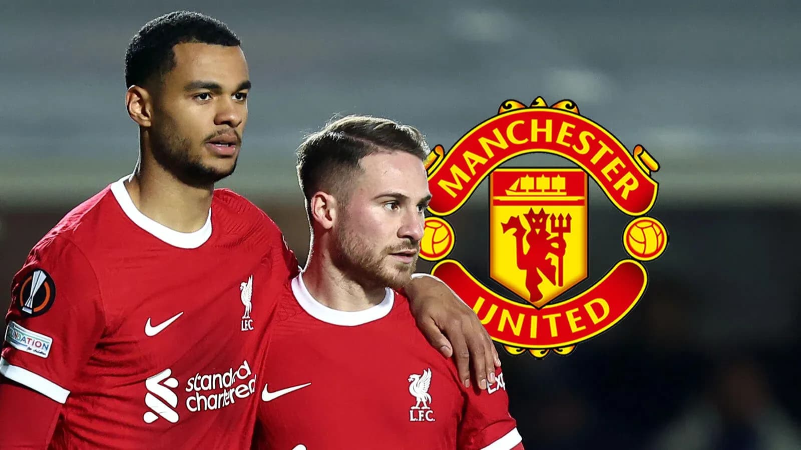 Two Liverpool players in red jerseys with logo Two Liverpool players in red jerseys with logo